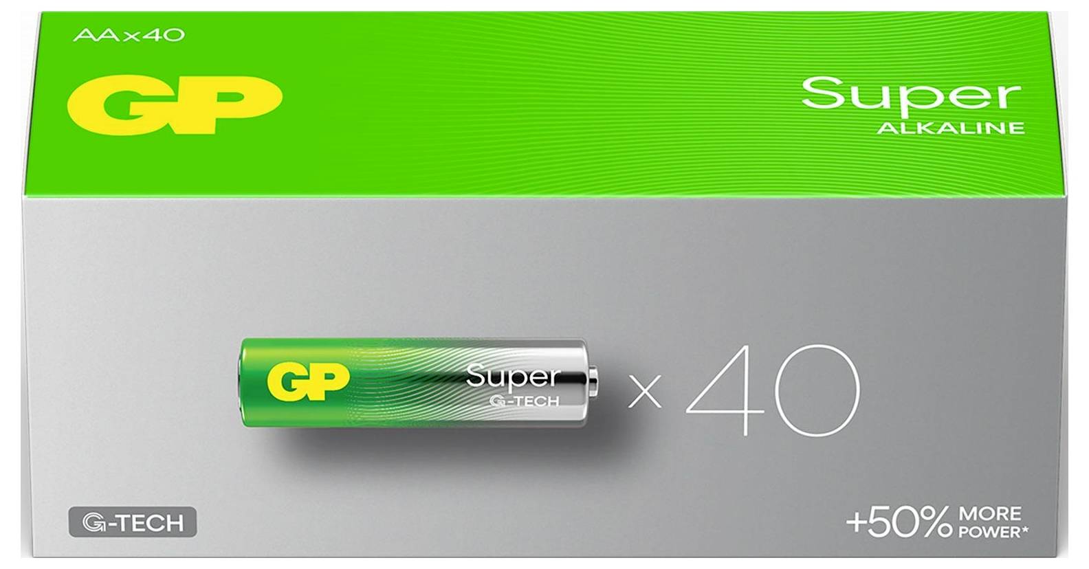 Werbegrafik für GP Super Alkaline-Batterien: grüne Verpackung mit einzelner AA-Batterie, Hinweis 'x40' und '+50% MORE POWER'.<br>