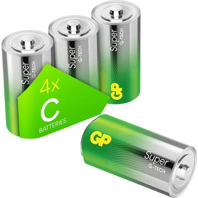 Werbegrafik mit 4 GP Super G-Tech C-Batterien, teilweise in einer Verpackung mit Aufdruck '4x C BATTERIES'.