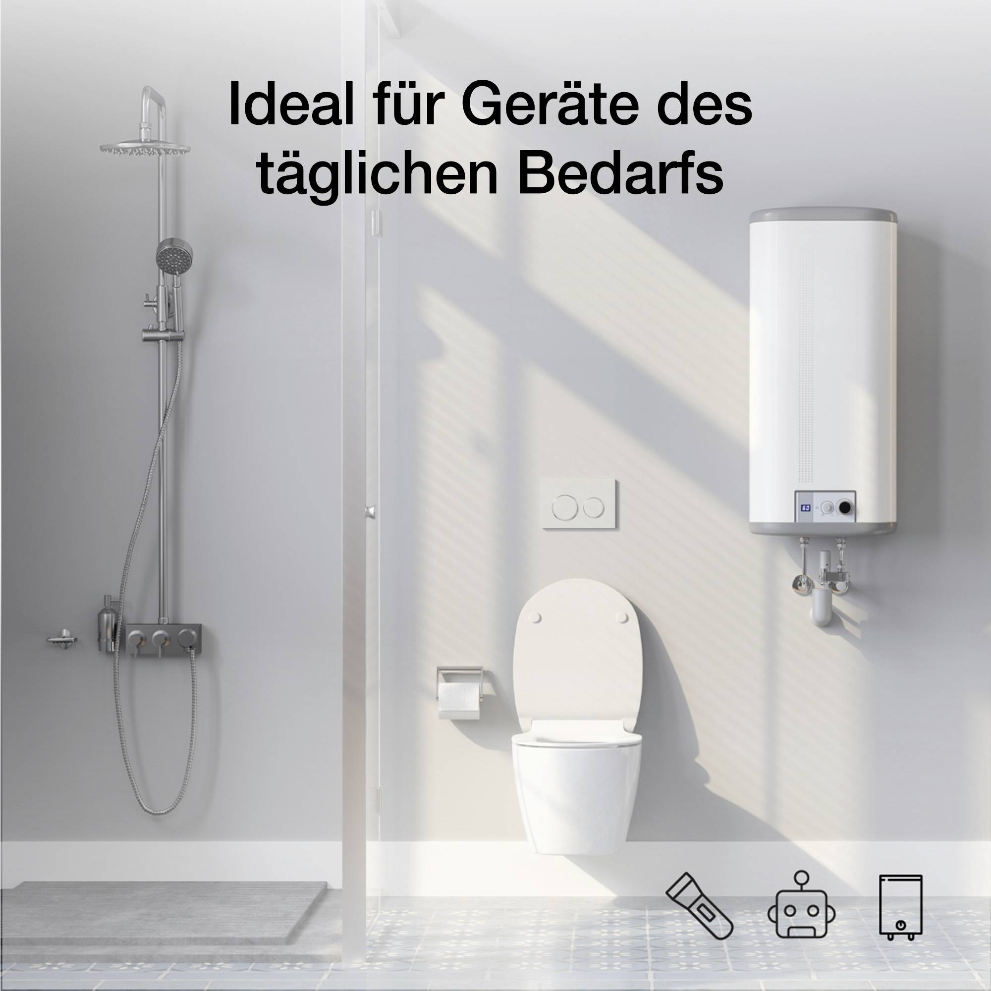 'Dusche, Toilette und Boiler in einem modernen Badezimmer mit dem Text: Ideal für Geräte des täglichen Bedarfs.'