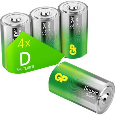 Vier D-Batterien von GP Super G-Tech, eine liegend und drei stehend; grün-silberne Verpackung mit Aufschrift '4x D BATTERIES' und 'GP'.