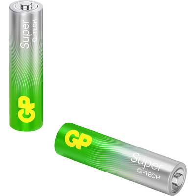 Zwei grüne GP Super G-TECH Batterien, eine aufrecht und eine schräg liegend, auf weißem Hintergrund.