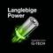 'Lang anhaltende Power': Eine leuchtende Batterie mit grünem Farbverlauf steht im Mittelpunkt. Text 'Angetrieben durch G-TECH'.