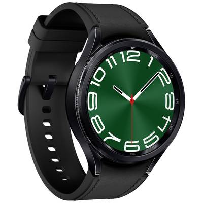 Moderne schwarze Smartwatch mit rundem Zifferblatt, grünem Hintergrund und weißen Nummern. Rotes Uhrzeiger zeigt auf 2 Uhr.