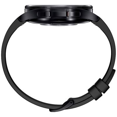 Eine schwarze Smartwatch von der Seite, zeigt das schlanke Gehäuse und das Silikonarmband.