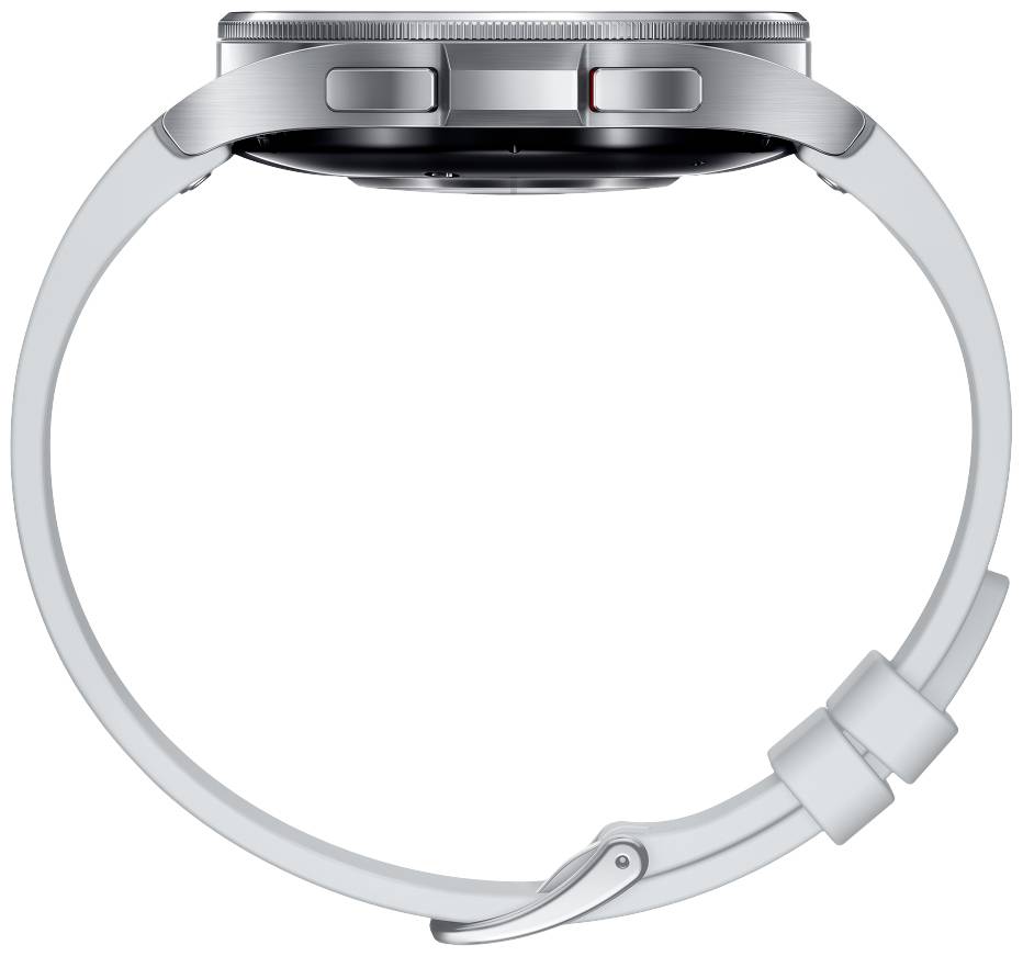 Silberne Smartwatch mit rundem Gehäuse und weißem Armband, seitlich gesehen; zeigt die Dicke und das Design der Knöpfe.