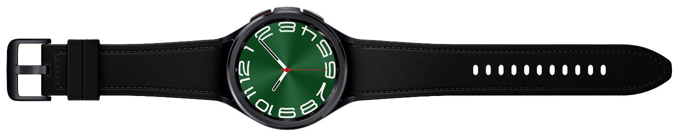 Eine schwarze Armbanduhr mit rundem Zifferblatt und grüner Oberfläche, großen weißen Zahlen und einem roten Sekundenzeiger.