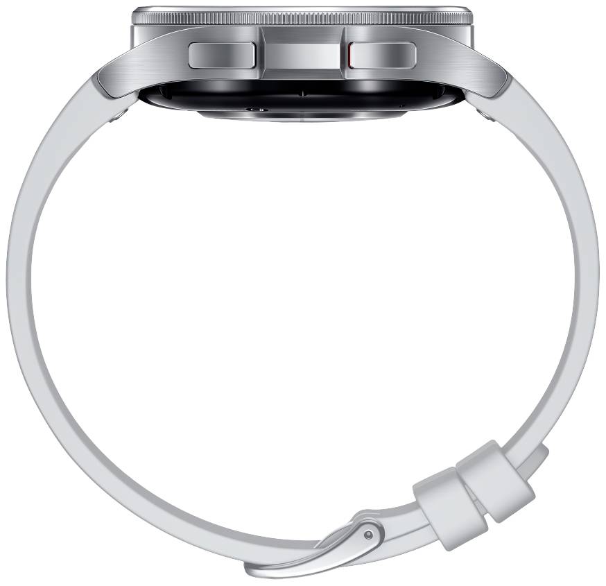 Eine silberne Smartwatch mit einem grauen Armband in seitlicher Ansicht. Die Uhr hat zwei Knöpfe an der Seite des Gehäuses.