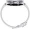 Eine silberne Smartwatch mit einem grauen Armband in seitlicher Ansicht. Die Uhr hat zwei Knöpfe an der Seite des Gehäuses.