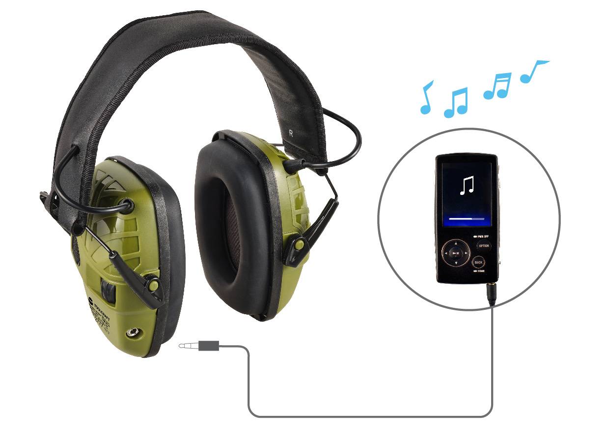 Gehörschutz in Grün mit Verbindung zu einem Musikplayer, der Musiknoten anzeigt, symbolisiert Musikwiedergabe durch die Kopfhörer.