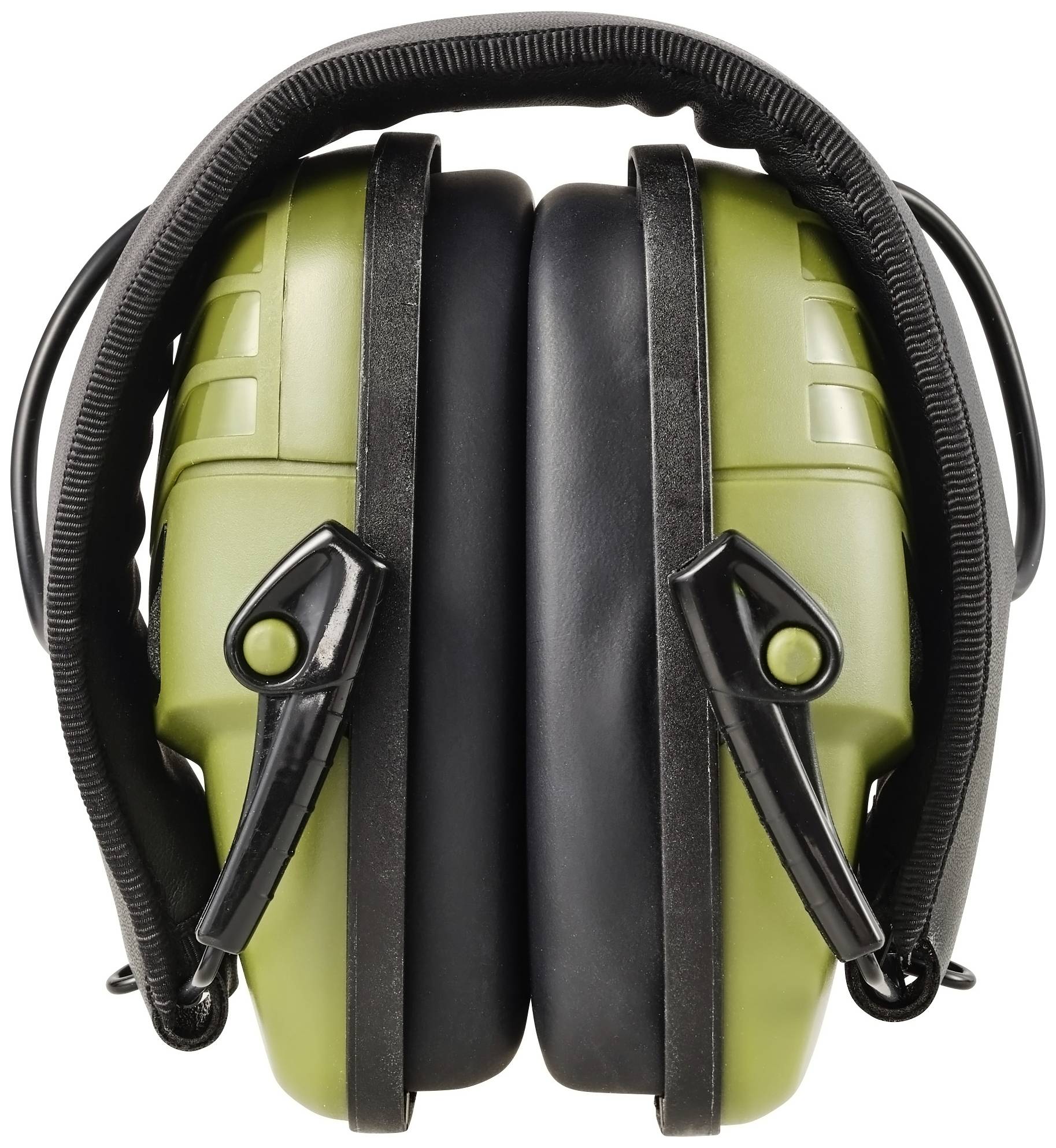 Grüne Gehörschützer in zusammengeklappter Position vor weißem Hintergrund.