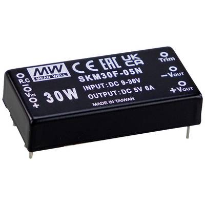 Rechteckiger Gleichspannungswandler von Mean Well mit Eingangsbereich 9-38V DC und Ausgang 5V 6A, Modell SKM30F-05.
