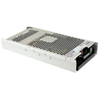 Ein rechteckiges, flaches Netzteil mit belüfteter Abdeckung und elektrischen Anschlüssen auf der einen Seite.