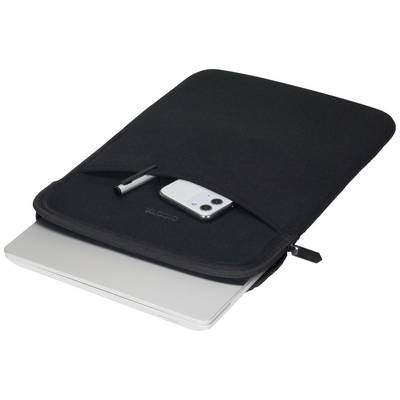 Schwarze Laptophülle mit Reißverschluss, bietet Platz für einen Laptop und hat eine Außentasche für ein Smartphone und einen Stift.