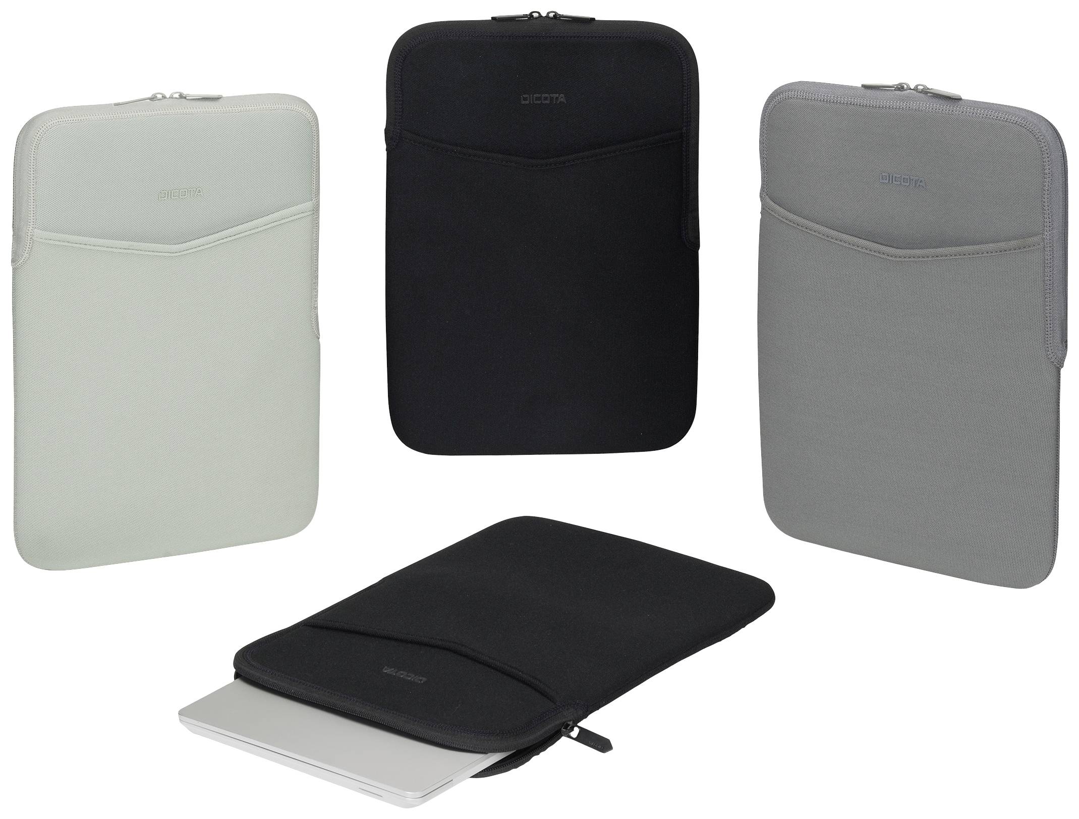 Vier Laptop-Taschen in verschiedenen Farben (hellgrau, schwarz, grau). Eine davon zeigt einen Laptop teils hervorschauen.