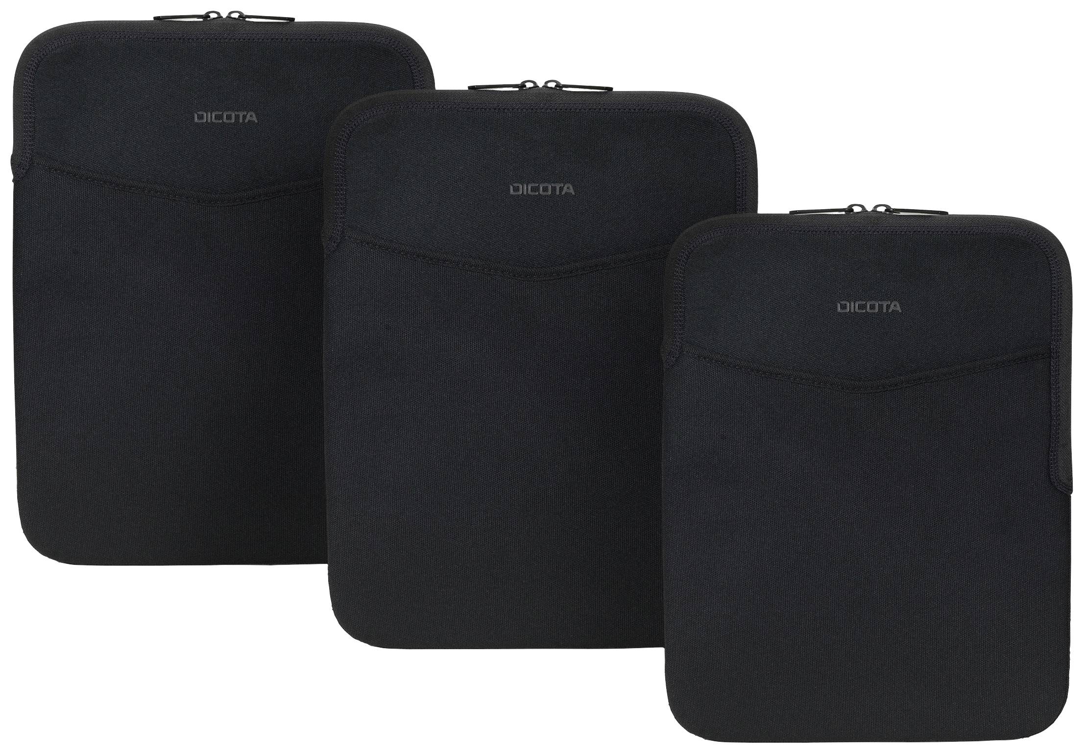 Drei schwarze Neopren-Schutzhüllen in verschiedenen Größen, nebeneinander stehend. Sie sind schlicht im Design mit einem Reißverschluss oben.