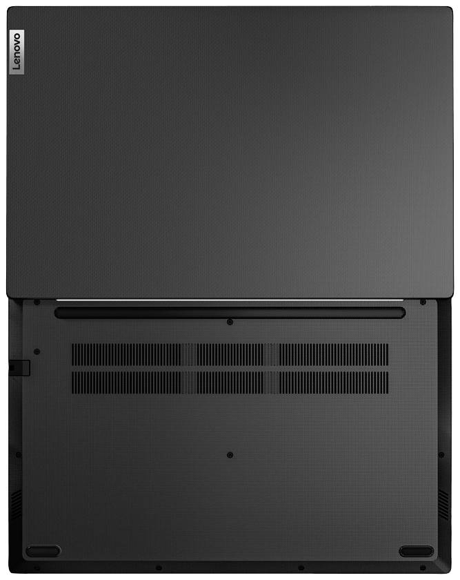 Der Laptop ist von unten zu sehen, mit Lüftungsschlitzen und Schrauben sichtbar. Markenlogo an der linken Seite. Schlichter, dunkler Hintergrund.