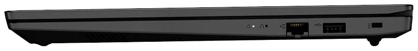 Seitenansicht eines geschlossenen Laptops, zeigt Ethernet- und USB-Anschlüsse an der rechten Seite.
