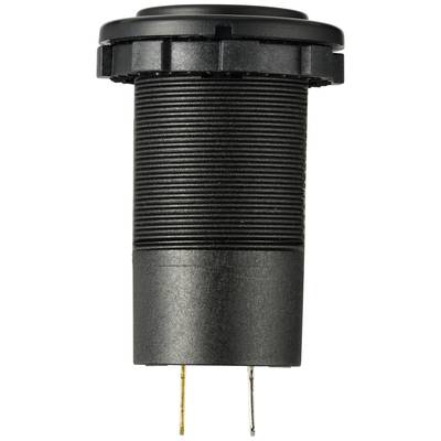 'Schwarzer, zylinderförmiger Steckverbinder mit zwei Metallpins an der Unterseite und geriffelter Oberfläche. Dient wahrscheinlich zur elektrischen Verbindung.'