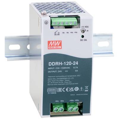 Ein Schaltnetzteil von Mean Well, Modell DDRH-120-24, montiert auf einer Schiene. Es zeigt Eingangs- und Ausgangsspezifikationen.