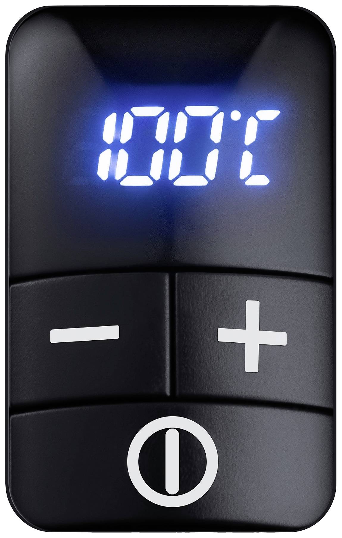 Schwarze Digitalanzeige mit blauen Ziffern zeigt '100°C'; Knöpfe zum Erhöhen und Verringern der Temperatur, darunter ein Ein/Aus-Schalter.