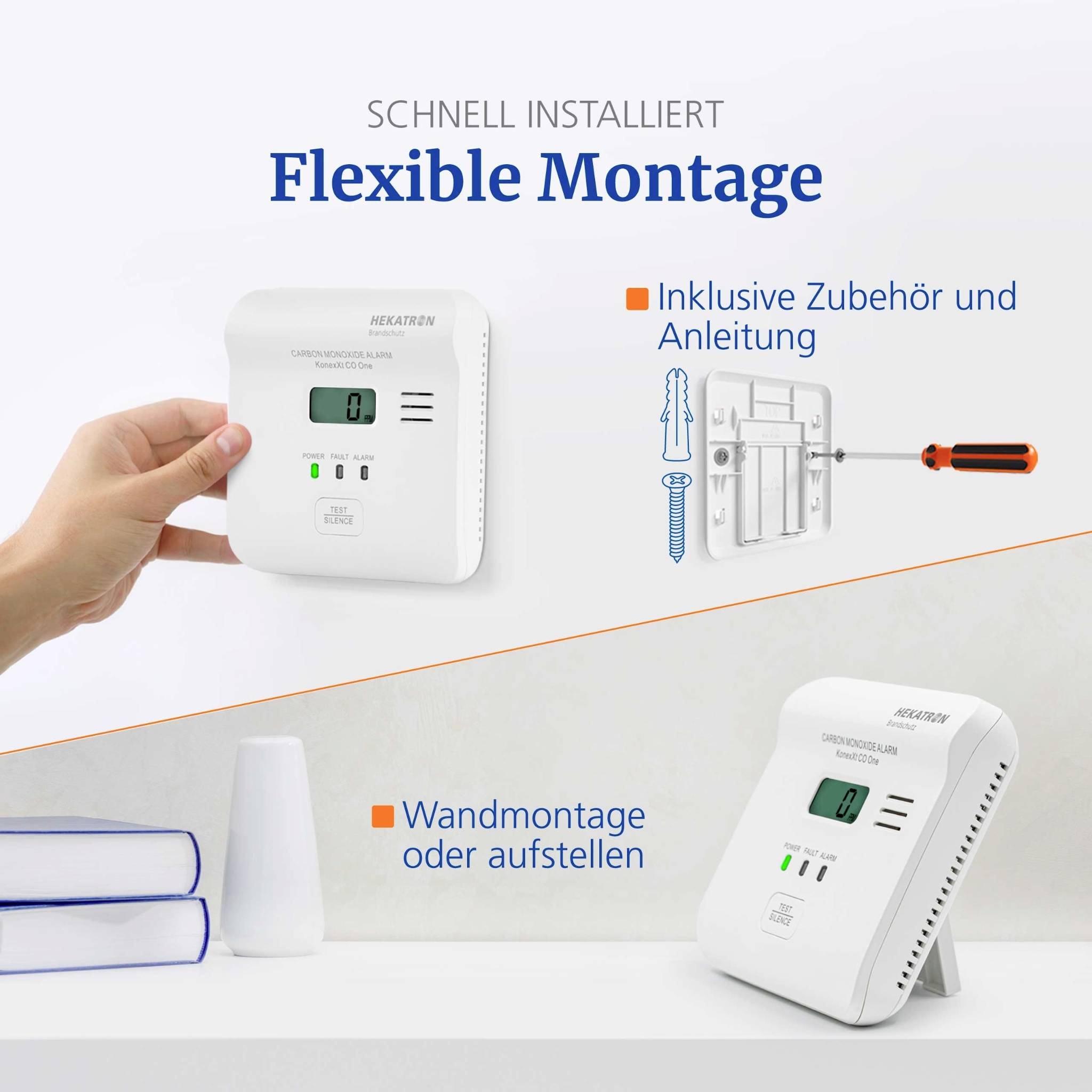 Eine Hand hält ein Gasalarmgerät mit dem Titel „Flexible Montage". Die Abbildung zeigt die Wandmontage-Option mit mitgelieferten Zubehörteilen und Anweisungen.