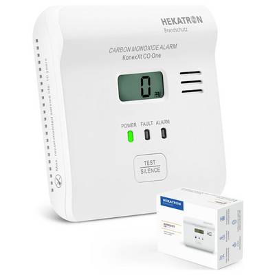 'HEKATRON Brandschutz' Kohlenmonoxid-Alarm mit digitaler Anzeige, die '0 ppm' zeigt, Stromanzeigelampe, Test-/Stillefunktionstasten; Produktverpackung im Bild.