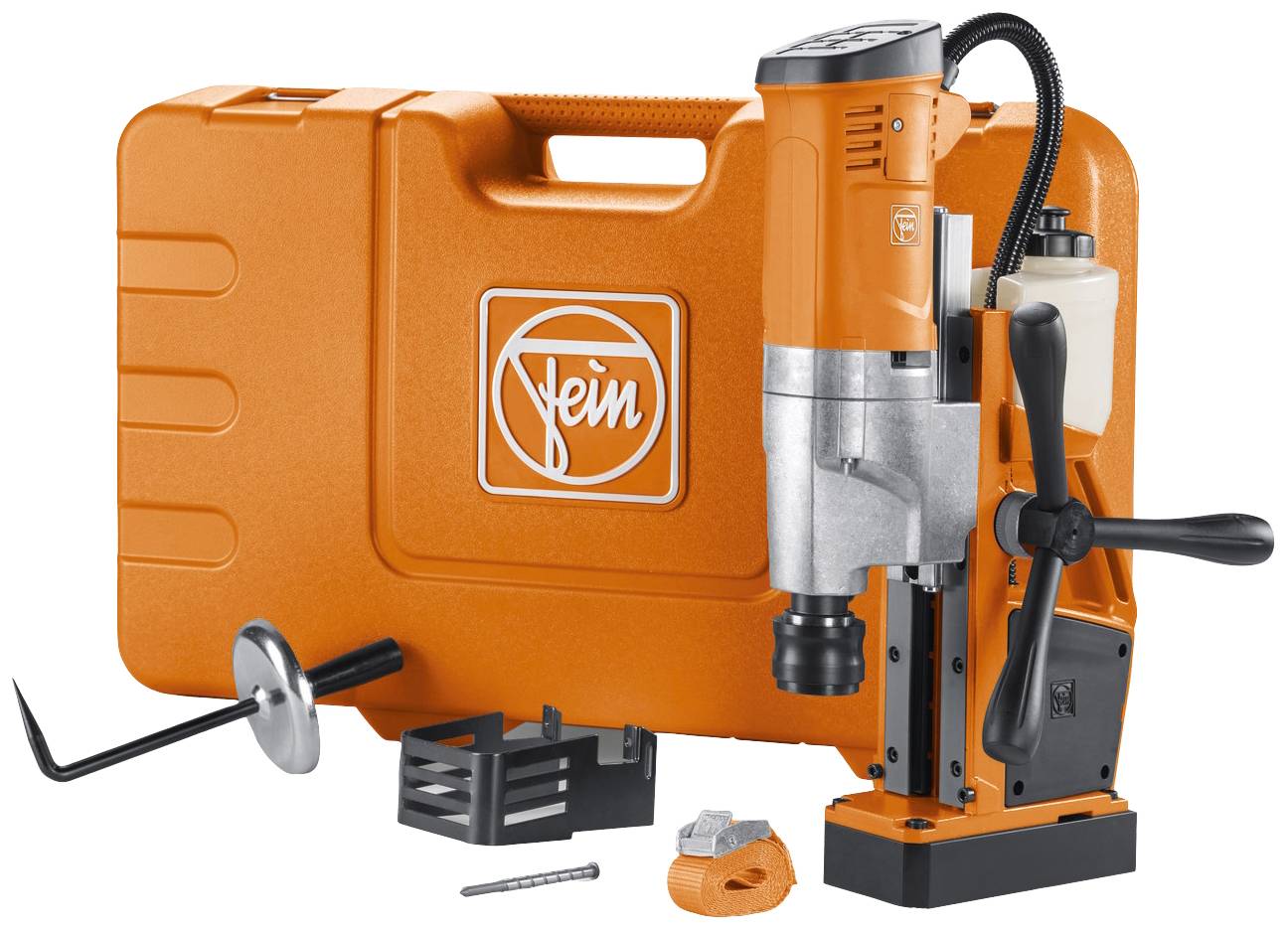 Tragbare magnetische Bohrmaschine in Orange mit Zubehör und Transportkoffer.
