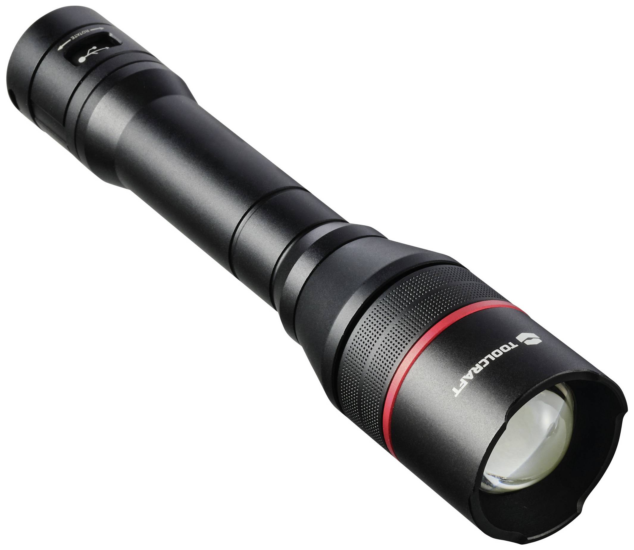 Schwarze Taschenlampe mit rotem Ring und silbernem Knopf. Eignet sich für den Einsatz bei schlechten Lichtverhältnissen.