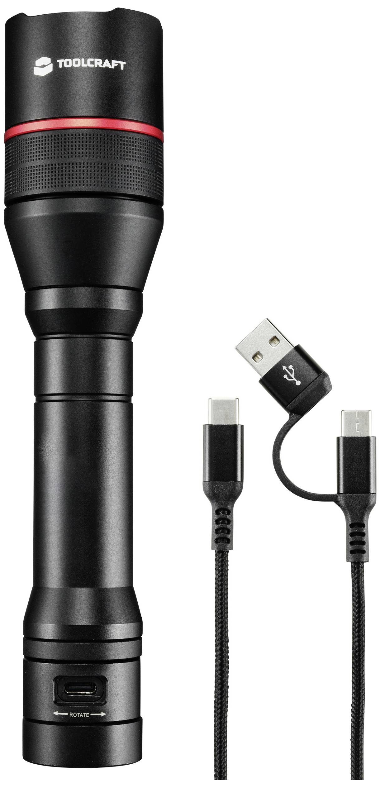 Schwarze Taschenlampe mit rotem Ring und USB-Anschluss, daneben ein Micro-USB-Kabel mit USB-Stecker.