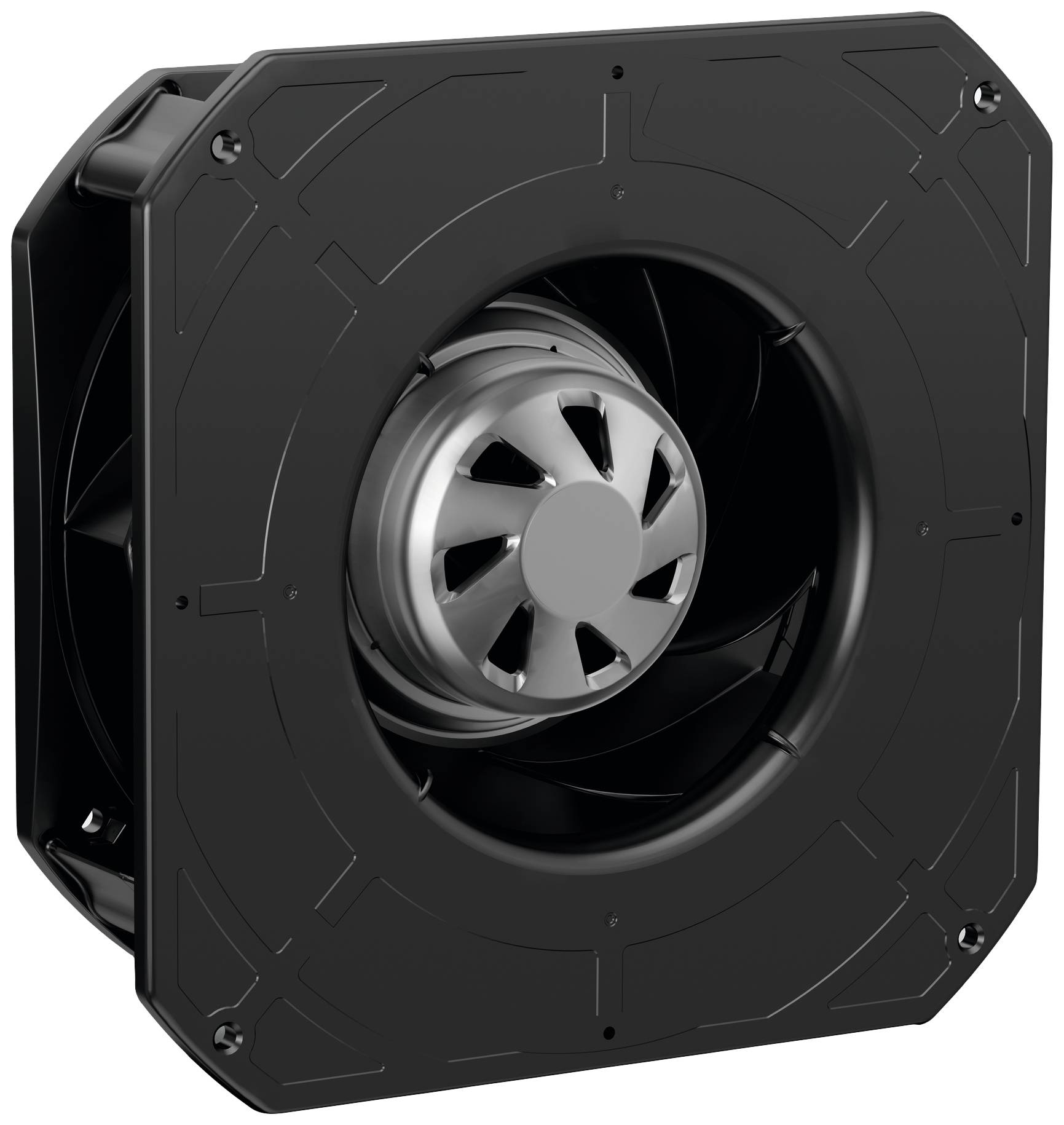 Schwarzer Axialventilator mit Metallrotor in quadratischer Halterung, verwendet zur Kühlung oder Belüftung in technischen Anwendungen.