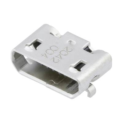Ein silberner USB-Anschluss, rechteckig, mit geprägter Zahl '0042' auf der Oberseite, zeigt die metallische, glatte Oberfläche.