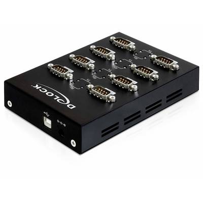 Schwarzes elektronisches Gerät mit neun VGA-Anschlüssen auf der Oberseite. Marke 'Delock' ist auf der Oberfläche aufgedruckt.