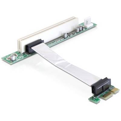 Eine PCIe-Riser-Karte mit einem langen Flachbandkabel, das zwei Verbindungen zwischen einer Hauptplatine und einer Erweiterungskarte herstellt.