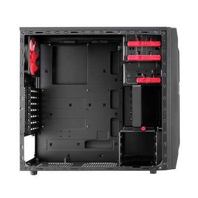 Schwarzes Computergehäuse, geöffnete Ansicht. Innen sind rote Lüfter und Laufwerkschächte sichtbar, geeignet für individuelle PC-Konfigurationen.