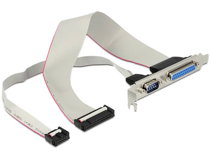 Ein graues, flaches Kabel mit zwei Steckverbindern, einem blauen und einem schwarzen, die an einem Metallhalter befestigt sind.