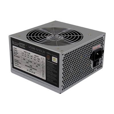 Grau-schwarzes PC-Netzteil mit Lüfter, mehreren Anschlussoptionen und technischen Daten auf der Seite.