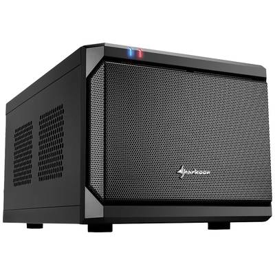 Ein schwarzes Computergehäuse mit Lüftungsschlitzen und einer beleuchteten Vorderseite, geeignet für kompakte PC-Builds.