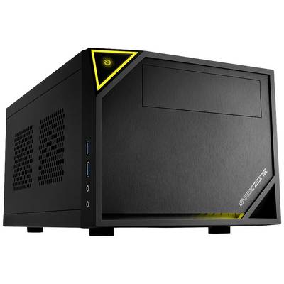 Schwarzes Computergehäuse mit gelbem Dreieck um den Einschaltknopf, zwei USB-Anschlüssen und Audioanschlüssen auf der linken Seite.