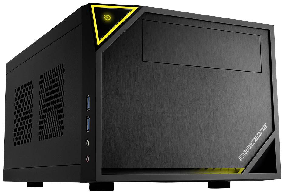 Ein kompakter schwarzer Desktop-Computer mit einem leuchtenden Power-Knopf in der Ecke und mehreren Anschlüssen an der Vorderseite.