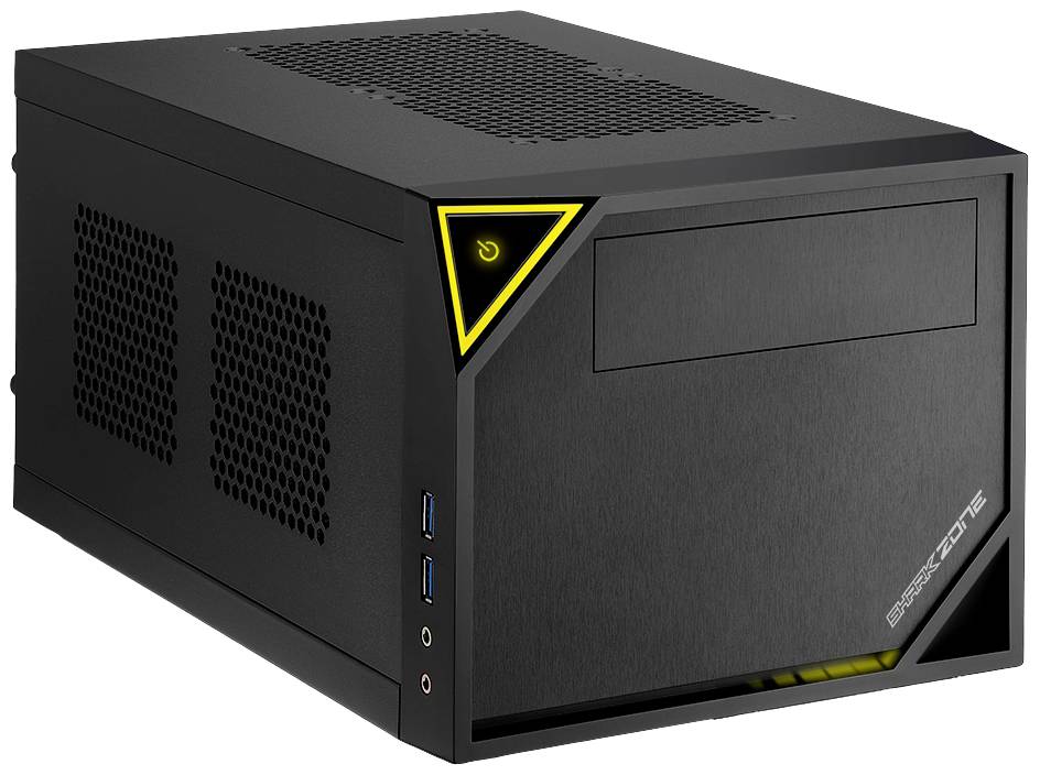 Schwarzes, kompaktes Computergehäuse mit gelbem Leuchtstreifen und Einschaltknopf, USB-Anschlüsse vorn, Lüftungsschlitze an der Seite.