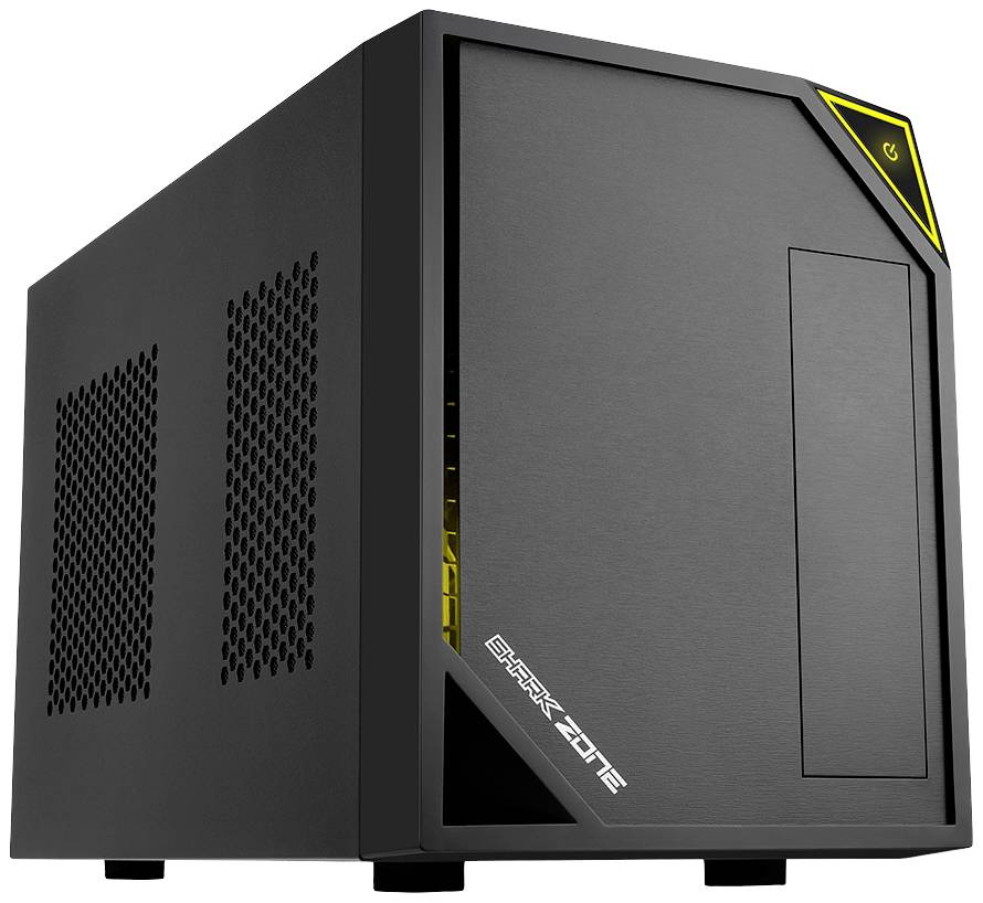 Ein schwarzes, würfelförmiges PC-Gehäuse mit gelb leuchtendem Ein/Aus-Knopf und Lüftungsschlitzen an der Seite, markiert mit 'Shark Zone'.