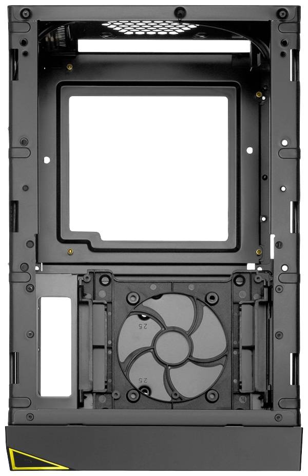 Schwarzes PC-Gehäuse mit offenem Design und sichtbarem Lüfter an der Unterseite. Rahmen für Hauptplatine und Kabelöffnungen erkennbar.