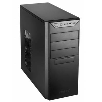 Schwarzes Computergehäuse mit zwei USB-Anschlüssen und einem Lüftergitter an der Seite, geeignet für Desktop-PCs.