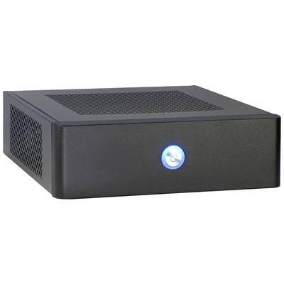 Ein schwarzes Mini-PC-Gehäuse mit Gitter an der Oberseite und einem leuchtend blauen Einschaltknopf an der Vorderseite.