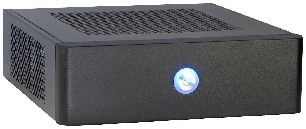 Ein kompakter, schwarzer Mini-PC mit blau leuchtender Taste auf der Vorderseite, geeignet für platzsparende Anwendungen.