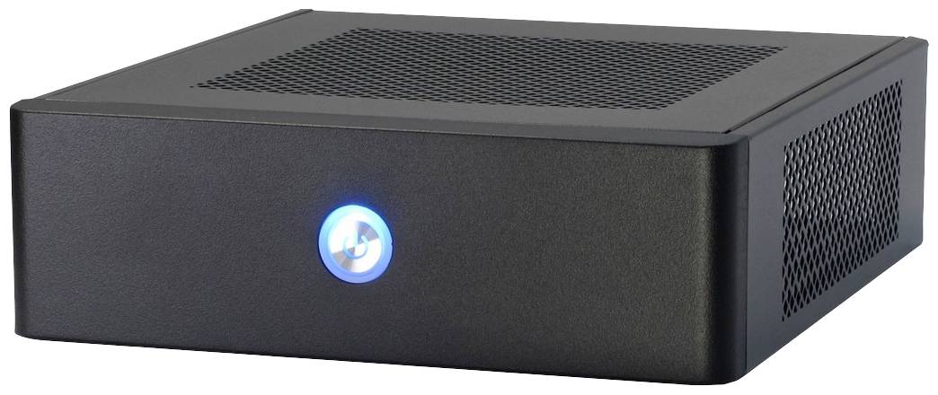 Ein schwarzes, rechteckiges ITX-Computergehäuse mit einer leuchtenden blauen Einschaltanzeige auf der Vorderseite.