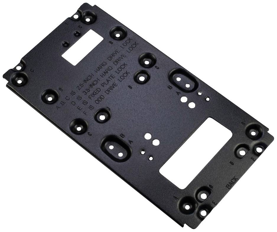 'Schwarze Metallplatte mit Löchern und Gravur: A, B, C, E, F, G sind numerierte Festplattenschlösser. Markierungen: Back, 2.5"-HDD.'