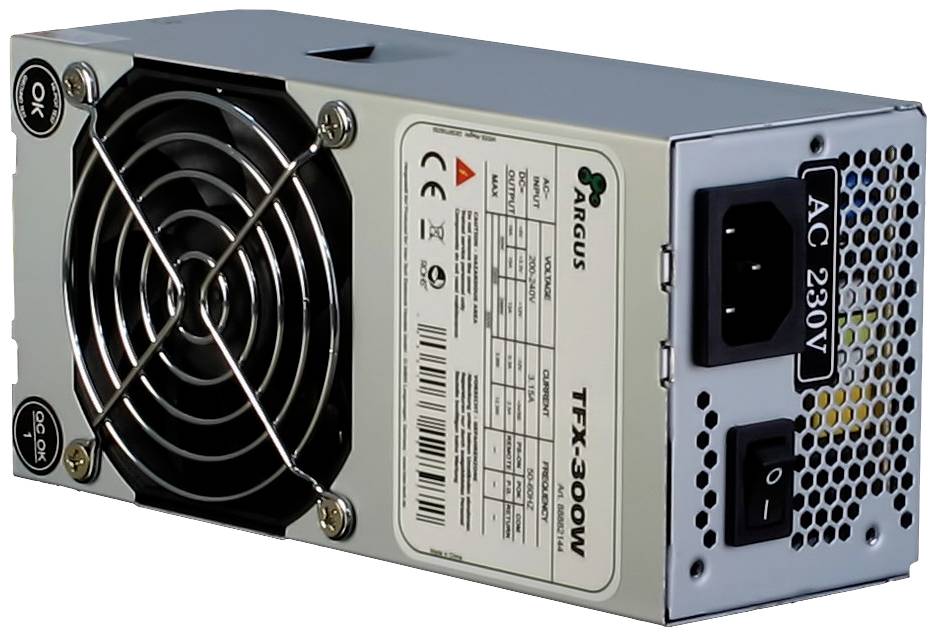 Computer-Netzteil mit Lüfter und Netzkabelanschluss. Etikett zeigt Marke 'Argus', Modell 'TFX-300W', Spannung 'AC 230V'.