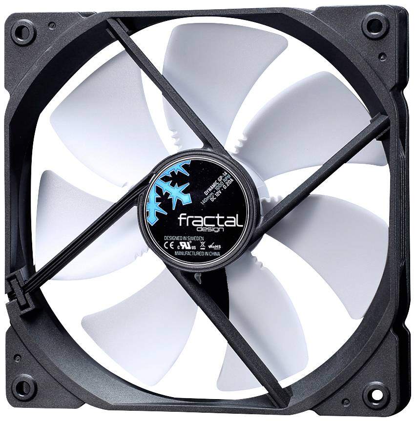 PC-Lüfter mit schwarzem Rahmen und weißen Rotorblättern, Markenlogo in der Mitte.