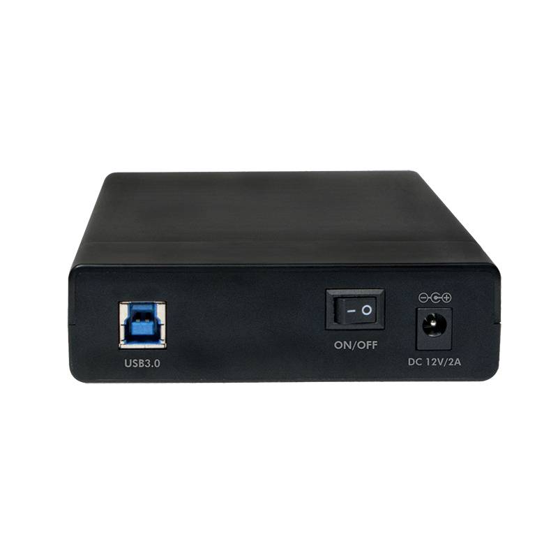 Externe Festplattenvorderseite mit USB 3.0-Anschluss, Ein/Aus-Schalter und DC 12V/2A-Anschluss.